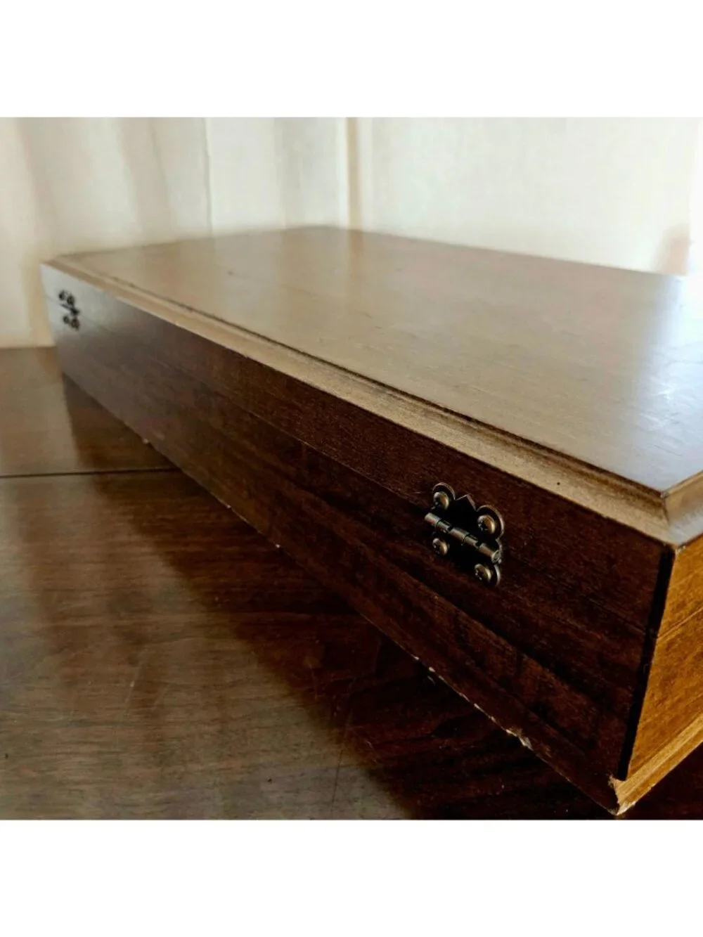 Wood Flatware Silverware Chest 23" brown fabric lined box vtg 90s holder keeper - Picture 8 of 9
